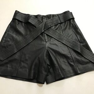 VINCE Belted Leather Shorts In Black